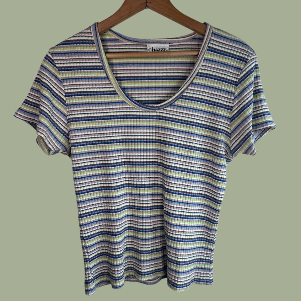 Vintage Chazz Striped Ribbed Short Sleeve Tee - Blue Multi